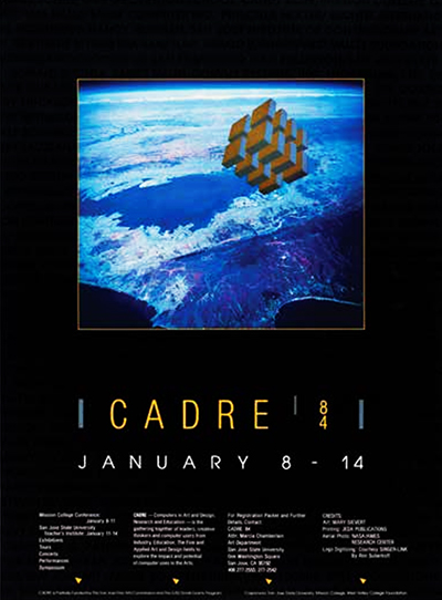 Exhibition Poster from San José State University' CADRE Research Lab featuring a grid of cubes floating above the earth.